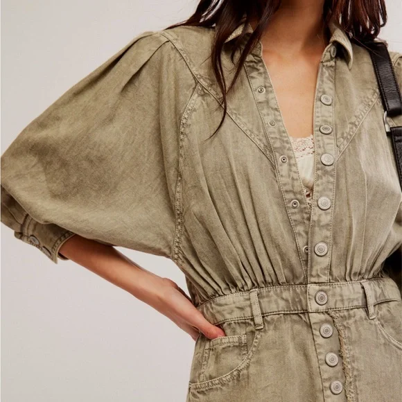 Free People Sage Denim Midi Dress Light Khaki Long Sleeve